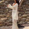 Sexy Women Long Knit Beach Dress Hollow-Out Deep V-Neck Long Sleeve Bikini Cover-Ups Dress Fall Backless Holiday Dress