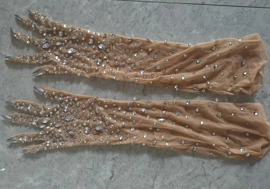 Nightclub Party Celebration Sexy Feather Rhinestone Dress Women Elastic Sleeveless Prom High Slit Dress Stage Performance Outfit