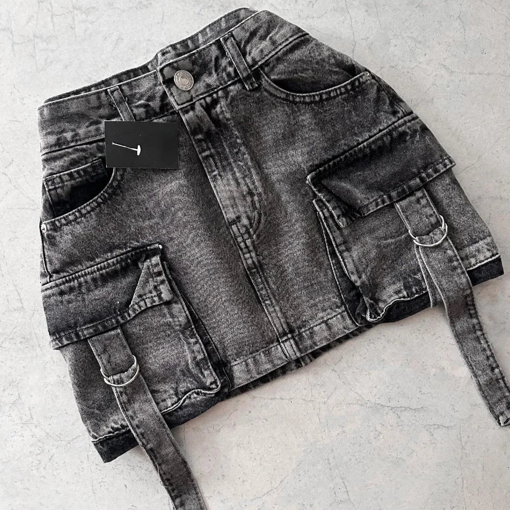 Harajuku Multiple Pockets Denim Plaid Skirt Vintage Goth Black Y2k Mini Skir Fashion Womens Casual Versatile Sexy Streetwear
