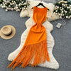 Sexy Backless Knit tassel High Waist Pleated Dress Casual A-line Dress Beach Vestidos Women Evening Party