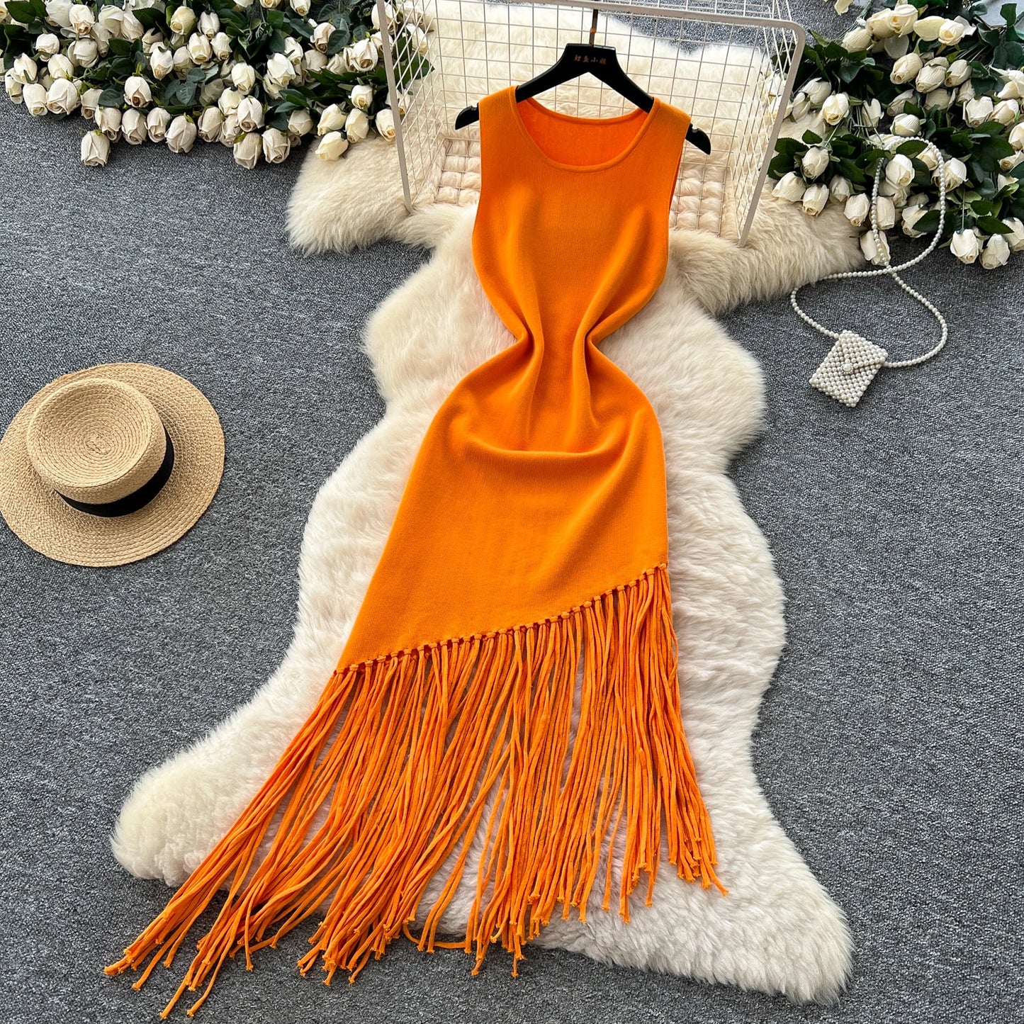 Sexy Backless Knit tassel High Waist Pleated Dress Casual A-line Dress Beach Vestidos Women Evening Party