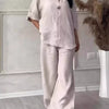 Cotton Linen Sets Two 2 Pieces Sale Casual Long Sleeve Button Loose Blouse Shirt&High Elastic Wide Leg Loose Pant Suits NMD-3021