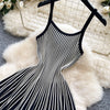 Joskaa 2026 Autumn Retro Striped Knit Dress Women Elegant Pleated Waist Slim Low Cut Sleeveless A-line Slip Dress Streetwear