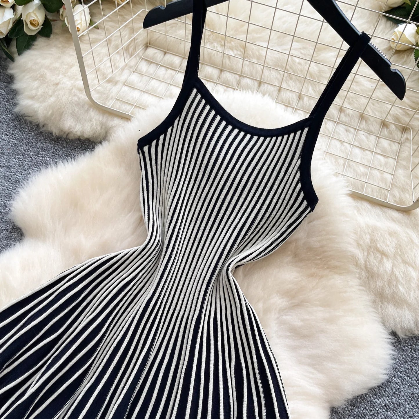 Joskaa 2026 Autumn Retro Striped Knit Dress Women Elegant Pleated Waist Slim Low Cut Sleeveless A-line Slip Dress Streetwear