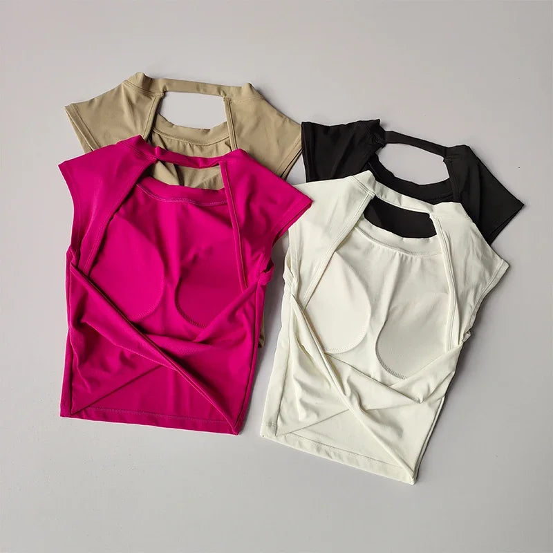Sexy Kurzes Rückenfreies Sport-T-Shirt mit festem Brustpolster Damen Eng Anliegendes Schnell Trocknendes Schlankmachendes Yoga-Top