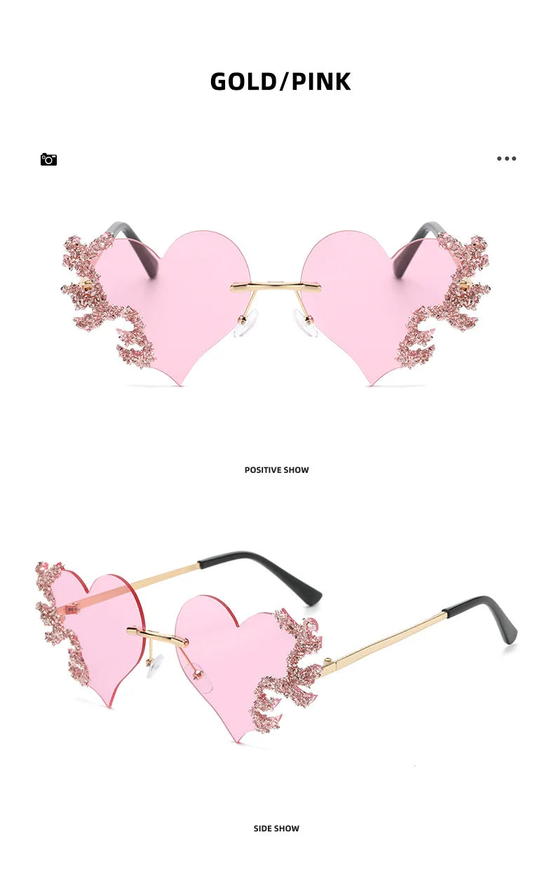 Randlose Sonnenbrille Damen Luxusmarke Strass Sonnenbrille Damen Niedliche Herzform Punk Party Brille очки від сонця женские
