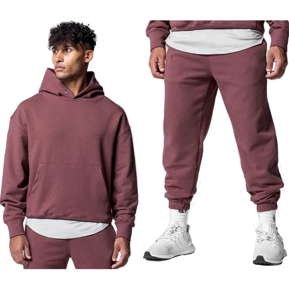 Men's Thick Cotton Training Sets Hoodie Casual Sports Pullover Hooded 2-piece Top with Pants Sweatshirts Gym Running Tracksuits