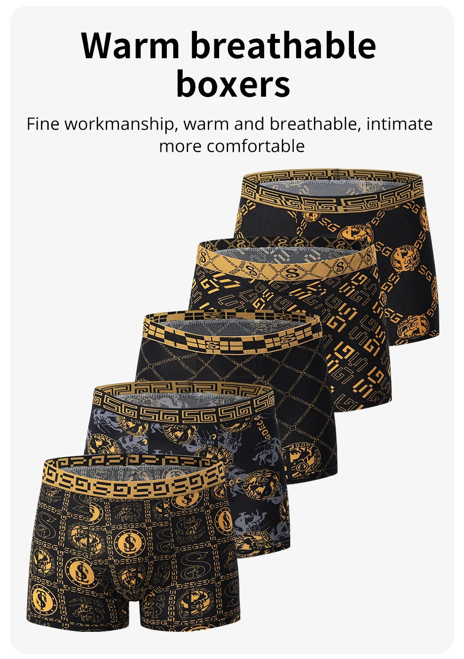 5/10er Pack Herren Boxer-Unterhosen, Schwarz Gold Bedruckt, Bequem und Vielseitig, Übergröße, Sexy, für junge Männer, Freizeit, Sport, Strandsh