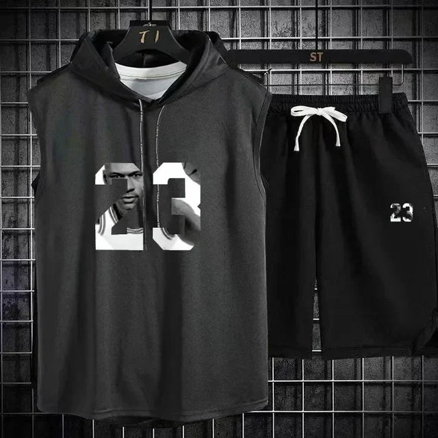 Summer New Men's Sleeveless Hooded T-shirt+shorts pants Sports two-piece set gym  Fashion  Casual Men Women Sports Two Piece Set