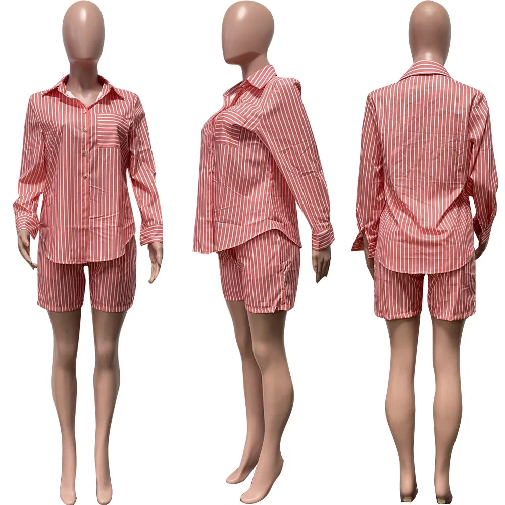 Two Piece Short Sets Women Striped Single Breasted Cardigan Blouses Shorts Elastic Waist Shirt Suit Casual Outwear Summer