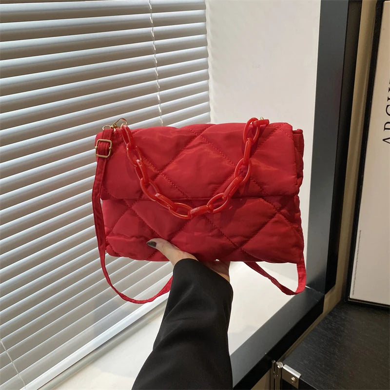 Acryl-Ketten-Umhängetaschen, quadratisch, lässig, Klappe, Damen-Pendeltaschen, gesteppt, All-Match, Winter, große Kapazität für Mädchen zum Einkaufen