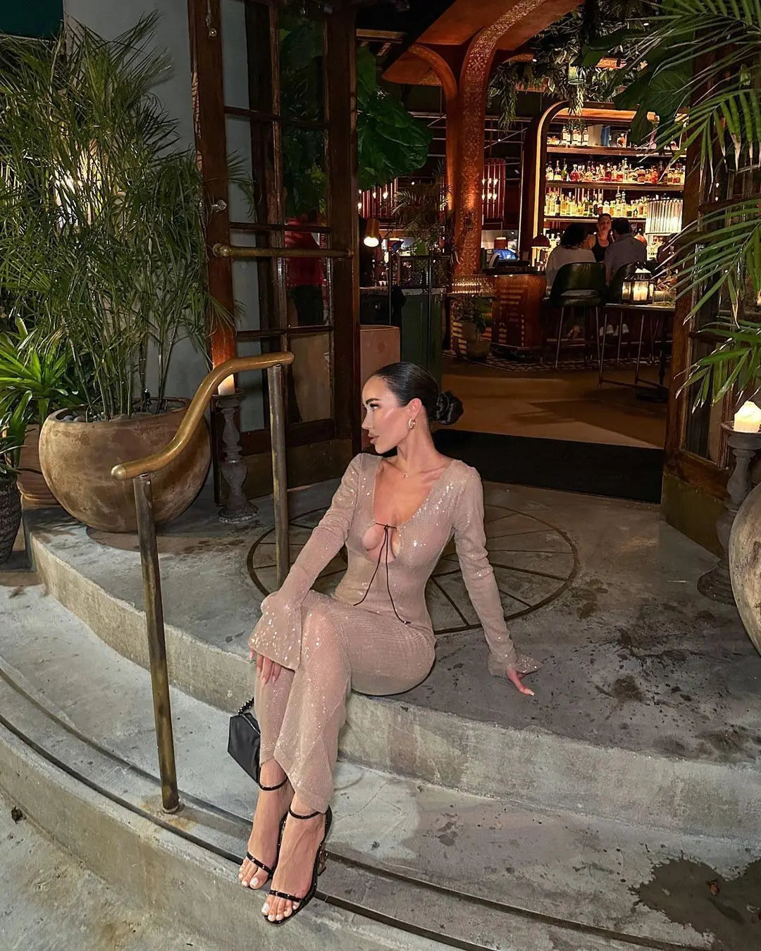 Abendkleid Damen Elegant Pailletten Tiefer V-Ausschnitt Langarm Midikleid Sexy Luxuriös Rückenausschnitt Schnürung Knöchellang Bandage Partykleid