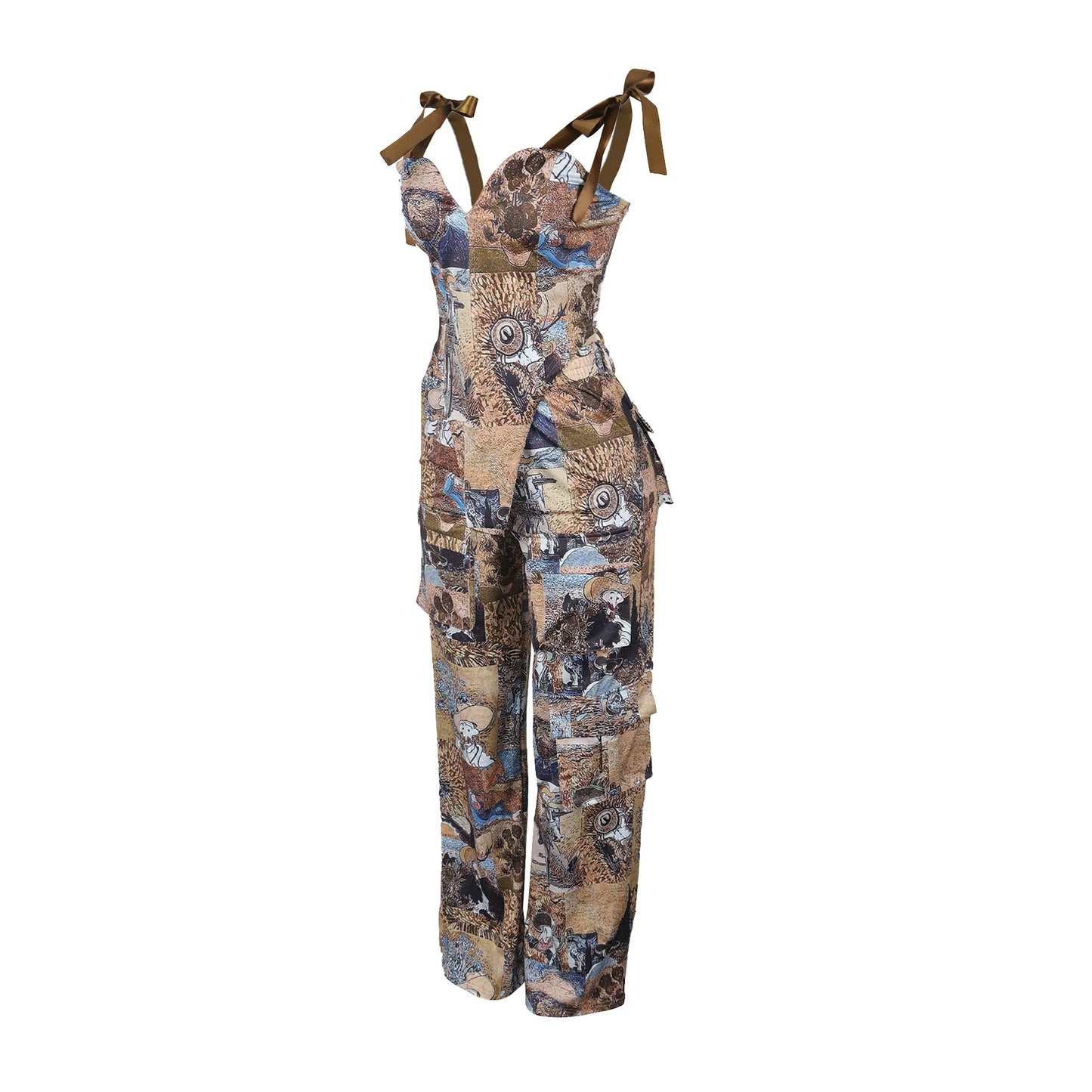 Two Pieces Women Pant Sets Print Matching Set Drawstring Pockets Sleeveless Top Elastic Waist Pants Slim Fit Casual 2026 Spring