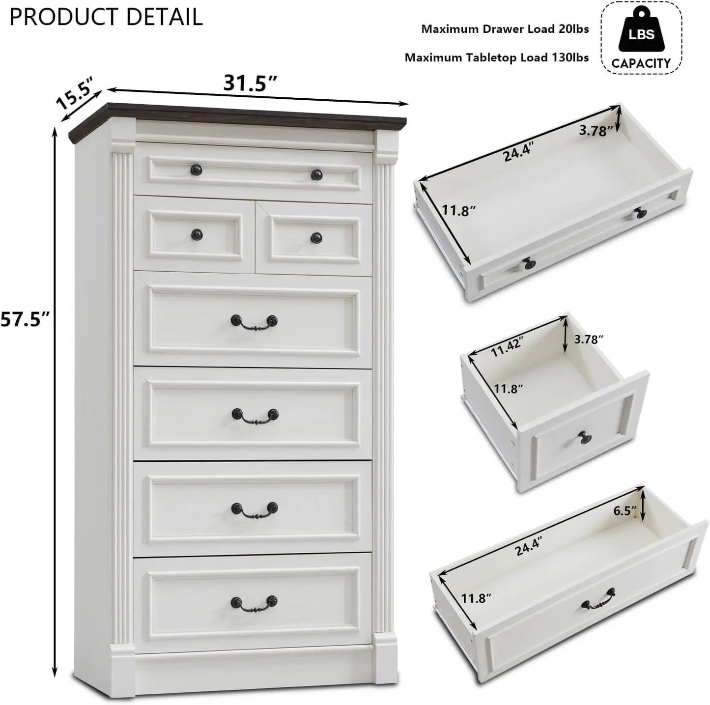 Farmhouse 7 drawer dresser, 57" large Roman column chest of drawers, bedroom, hallway, living room storage dresser.