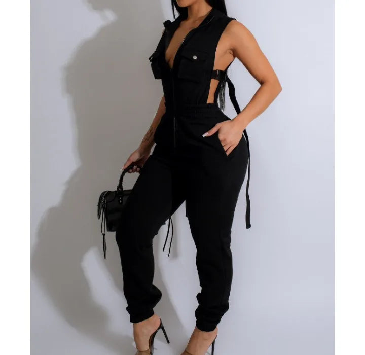 Jumpsuits für Damen 2024 Sommer Sexy Spicy Girl Seitenknopf Reißverschluss Ärmellos 4 Taschen Jumpsuit Streetwear Fashion Overalls