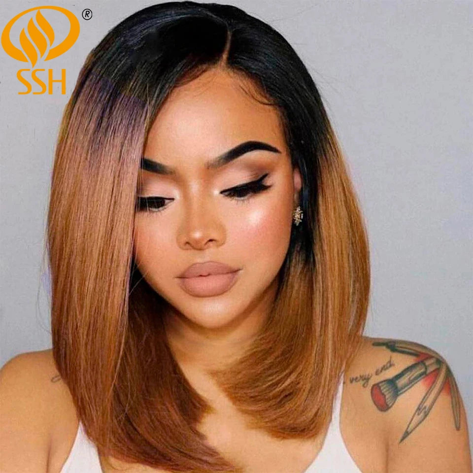 Kurze Ombre Honigblonde Bob Perücke mit Babyhaar Honigbraune Glatte Echthaarperücken Lace Part Seitenbraune Perücken für Schwarze Frauen