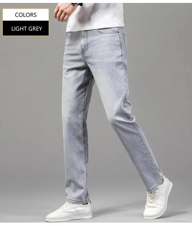 Sommer elastische Herrenjeans Mode Grau Bequeme Business Straight Stretch Baumwolle Casual Denim Hose Marke Männliche Dünne Hosen