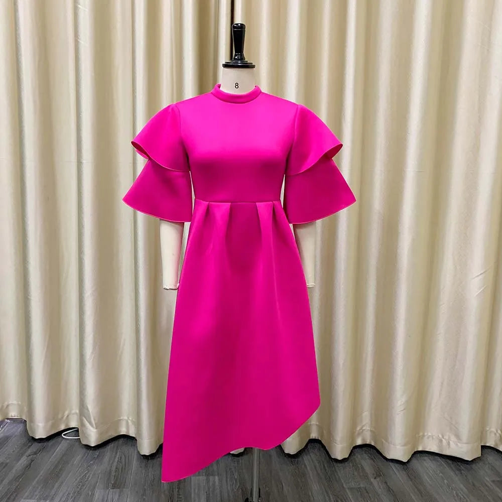 Elegant Party Dresses for Woman 2024 New O Neck Ruffles Sleeve High Waisted Asymmetric Mid Calf Luxury Birthday Dinner Vestidos