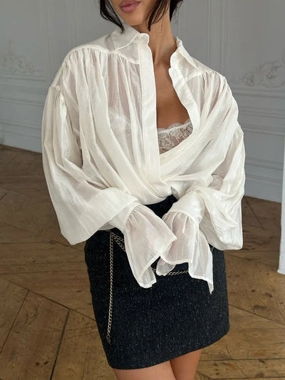 Tossy Lässige lockere durchsichtige Hemden Damen Herbst Revers Langarm Patchwork Bluse Top Streetwear weibliche einfarbige Hemden Top