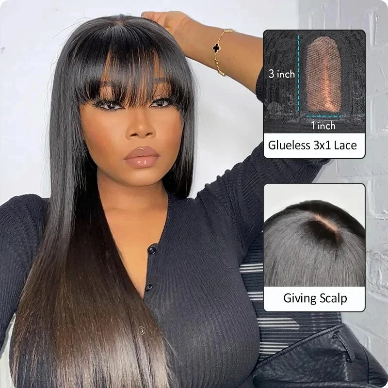 Glueless Wig With Bangs Human Hair 3x1 HD Lace Straight Human Hair Wigs For Woman Brazilian Cheap Wigs Full Machine Made On Sale