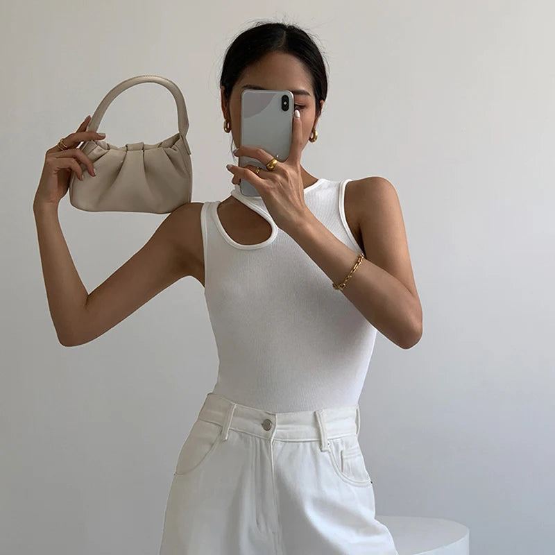 Casual white cut t shirt women round neck sleeveless korean slim t shirts women clothing 2023 summer fashion