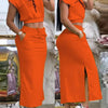 Two Piece Sets Women Outifit 2023 Summer Fashion Print Colorblock O-Neck Short Sleeve Crop Top & Casual Striped Pocket Skirt Set