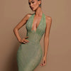 Sexy Neckholder Maxikleid mit tiefem V-Ausschnitt, Pailletten, Damen, Grün, Ärmellos, Rückenfrei, Pailletten, Schlankes langes Kleid, Celebrity Partykleider