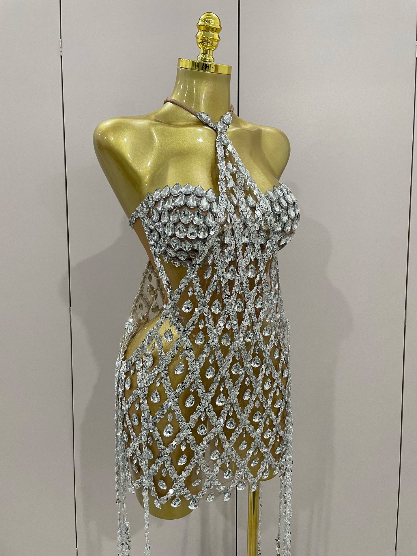 Sexy Sparkly Sequin Diamond Mesh Transparent Two Piece Set Women Celebrate Evening Party Birthday Dress Stage Photo Shoot Wear