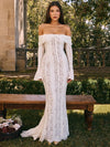 Mozision Blumen-Spitzen-Off-Shoulder Maxikleid für Damen, weiß, trägerlos, rückenfrei, langärmlig, Bodycon, Club, Party, sexy langes Kleid
