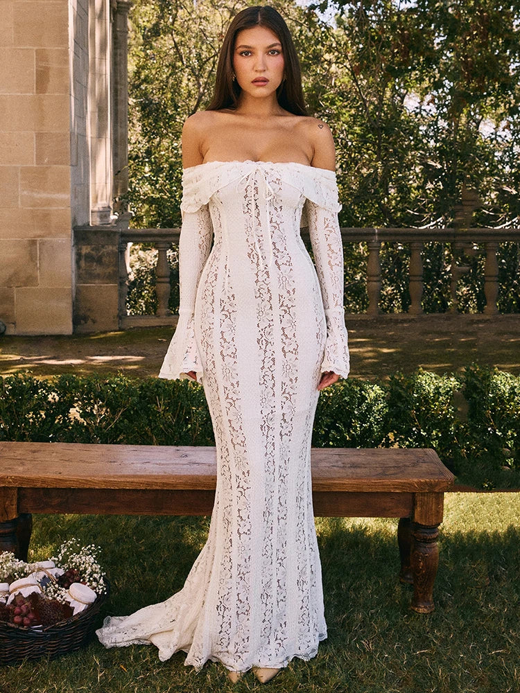 Mozision Blumen-Spitzen-Off-Shoulder Maxikleid für Damen, weiß, trägerlos, rückenfrei, langärmlig, Bodycon, Club, Party, sexy langes Kleid