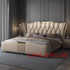 MINGDIBAO Luxuriöses, modernes Polsterbettgestell mit Goldakzenten, Designer-Bett aus echtem Leder, Schlafzimmermöbel in Queen-/King-Size