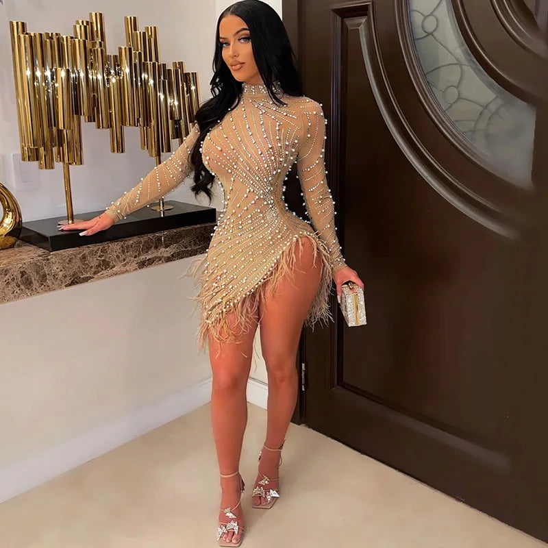 Sexy Perlen Strass Partykleider Damen Eleganz Nachtclub Feder Geburtstagskleid Langarm Mesh Sheer Bodycon Minikleid