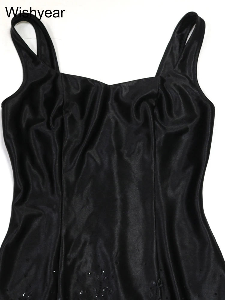 Neues schwarzes Mesh durchsichtiges Blumen-Rüschen-Luxus-Strass-Hochzeitsabend-Meerjungfrauen-langes Kleid Damen Träger Cocktail Geburtstagskleid
