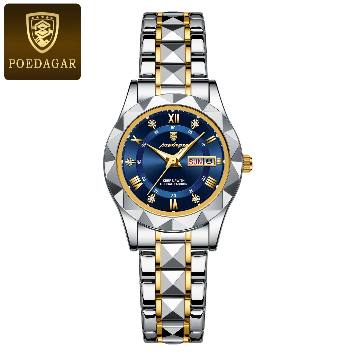 POEDAGAR Luxuriöse Damen-Kleideruhr, leuchtend, wasserdicht, Wochen- und Datumsanzeige, Damenarmbanduhr, Edelstahl-Damenquarzuhr reloj+box