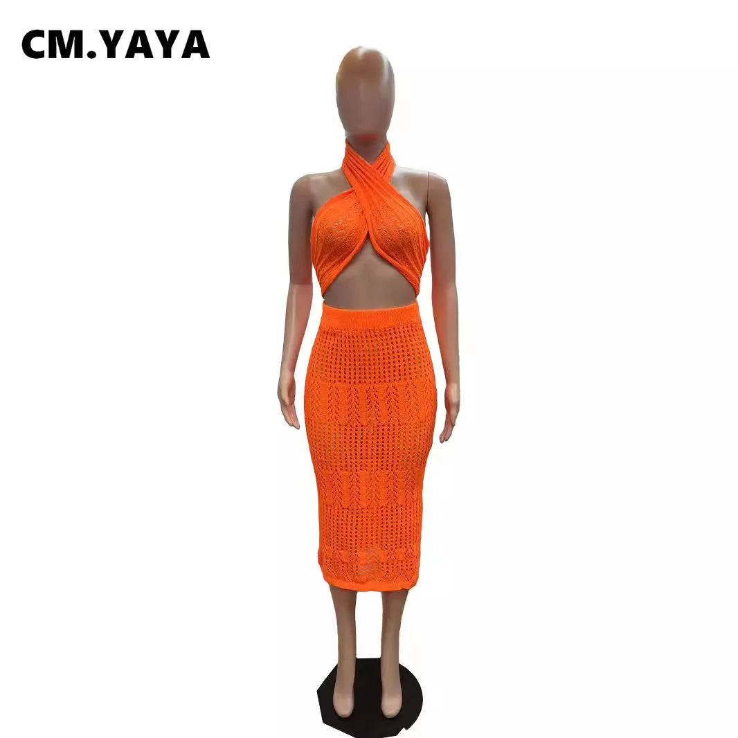 CM.YAYA Crochet Knitted Women's Sets Sleeveless Tops+ Skirts Suits 2024 Summer Two 2 Piece Set Outfit Beach Holiday Tracksuit