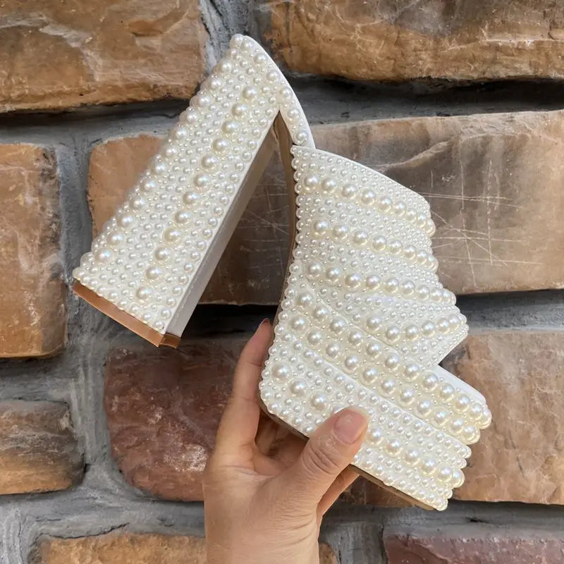 Luxuriöse handgefertigte Plateau-Keilsandalen mit Vollstrassteinen für Damen, modische Sommer-High-Heels, Pantoletten, klobige Schuhe
