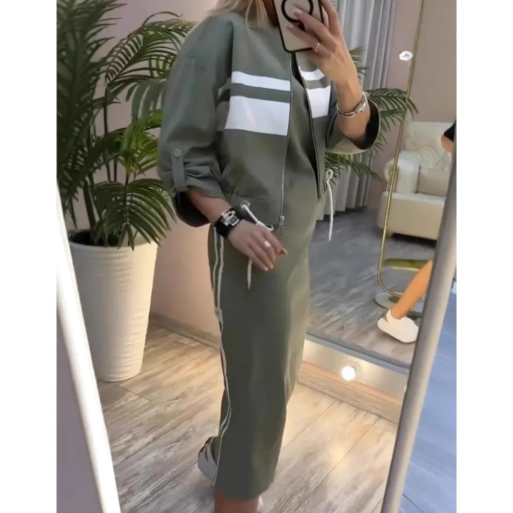 Women's Fashion Color-blocked White Striped Hip-covering Sweatshirt Dress 2piece Set Female Casual Zipper Jacket Coat Dress Suit