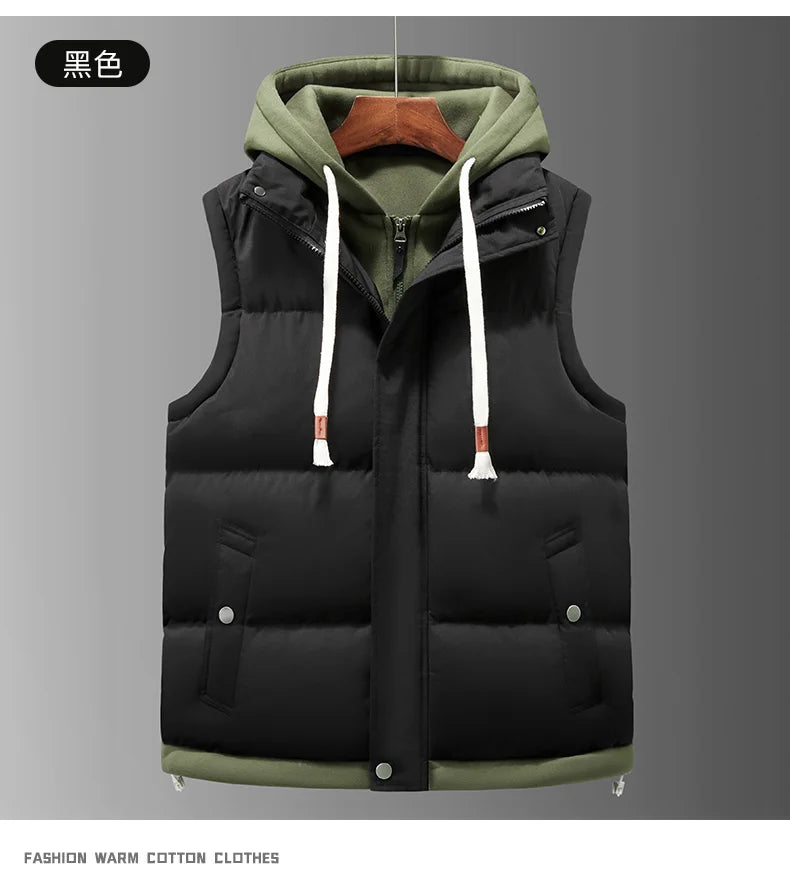 Unisex Fashion Hooded Vests Jacket Sleeveless Vest Autumn Thermal Soft Vests Casual Coats Male Cotton Men's Vest Men Thicken
