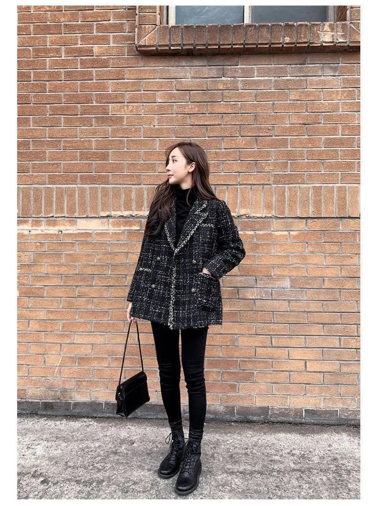 Tweed-Karo Anzugjacke Damen Oberbekleidung Lockerer Mittellanger Zweireihiger Freizeit-Wollblazer Top 2024 Frühling Herbst Neuer Schicker Anzug