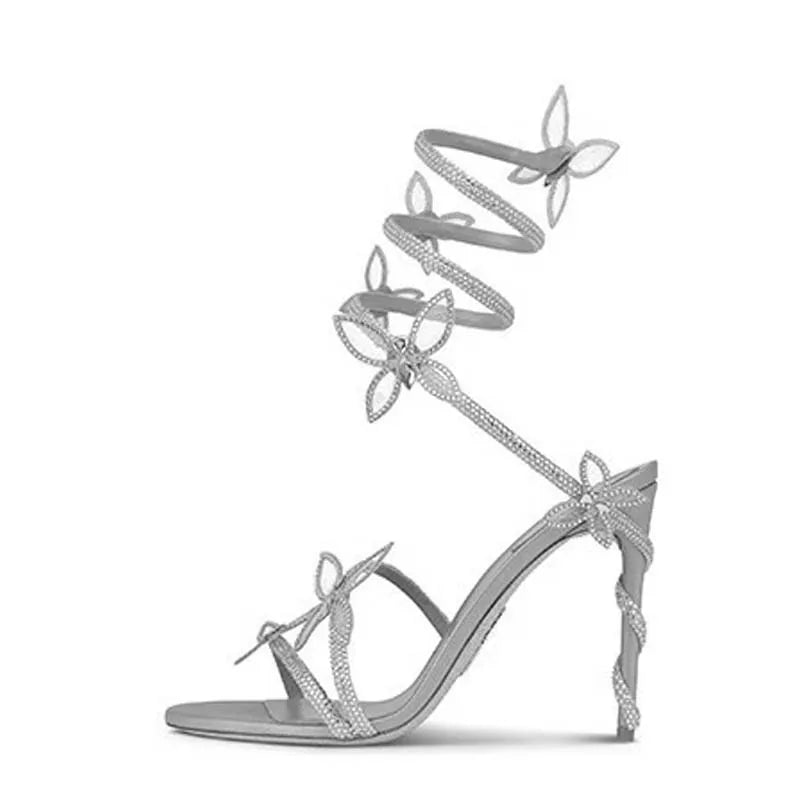 Eilyken Sexy Kristall Schmetterlingsknoten Knöchelriemen Sandalen Damen Mode Offene Spitze Stiletto High Heels Bankett Party Pumps Schuhe