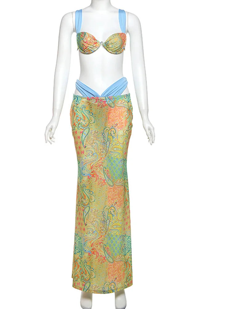 Beyprern Tropical Goddess Floralrock-Set, zweiteiliges Kleid, Urlaubsoutfits, bedrucktes BH-Crop-Top und passendes Set für Damen im Sommer
