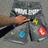 Y2K Hip Hop Denim Shorts Loose Fit Cotton Five-Quarter Length Printed Embroidered Low-Mid Waist Jeans Shorts for Men