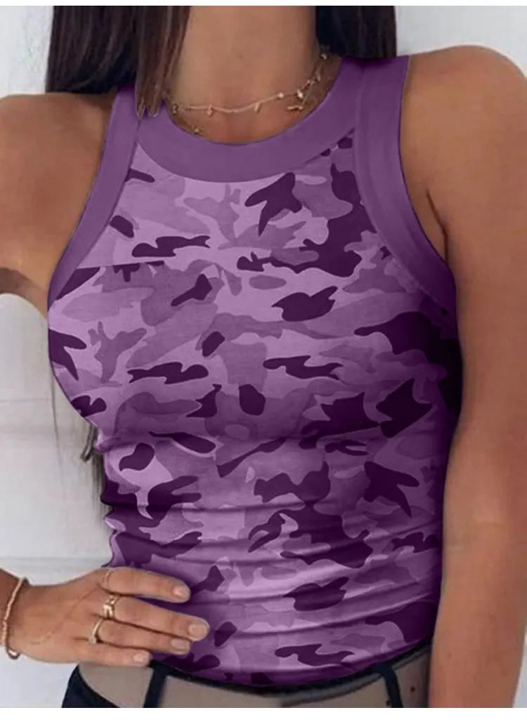 Summer Basic Elastic Tank Top Digital Printing T-shirt Women's O Neck Racerback Sexy Tank Top Stripe Print Sleeveless Tank Top