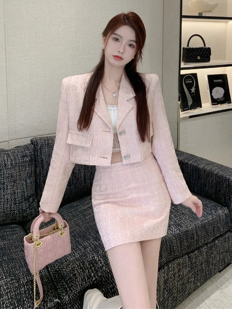 Elegant Fashion Pink Tweed Suit Women's Autumn 2023 Y2k High Quality Blazer Coat+Bag Hip Skirt Commuting Two-Piece Set