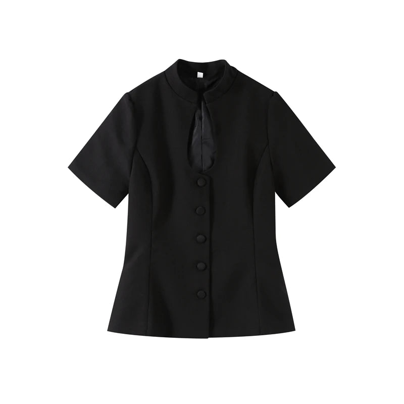Fashion Women's Stand Collar Blazer Short Sleeve Button Puff Sleeves Solid Lady Top 2025 Summer Autumn Elegant Female Coat