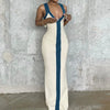 Sexy V-neck Contrast Color Off-shoulder Sleeveless Striped Wide Sling Split Hem Long Dress Temperament Party Club Casual Clothes