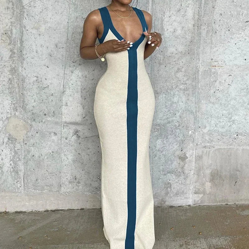 Sexy V-neck Contrast Color Off-shoulder Sleeveless Striped Wide Sling Split Hem Long Dress Temperament Party Club Casual Clothes