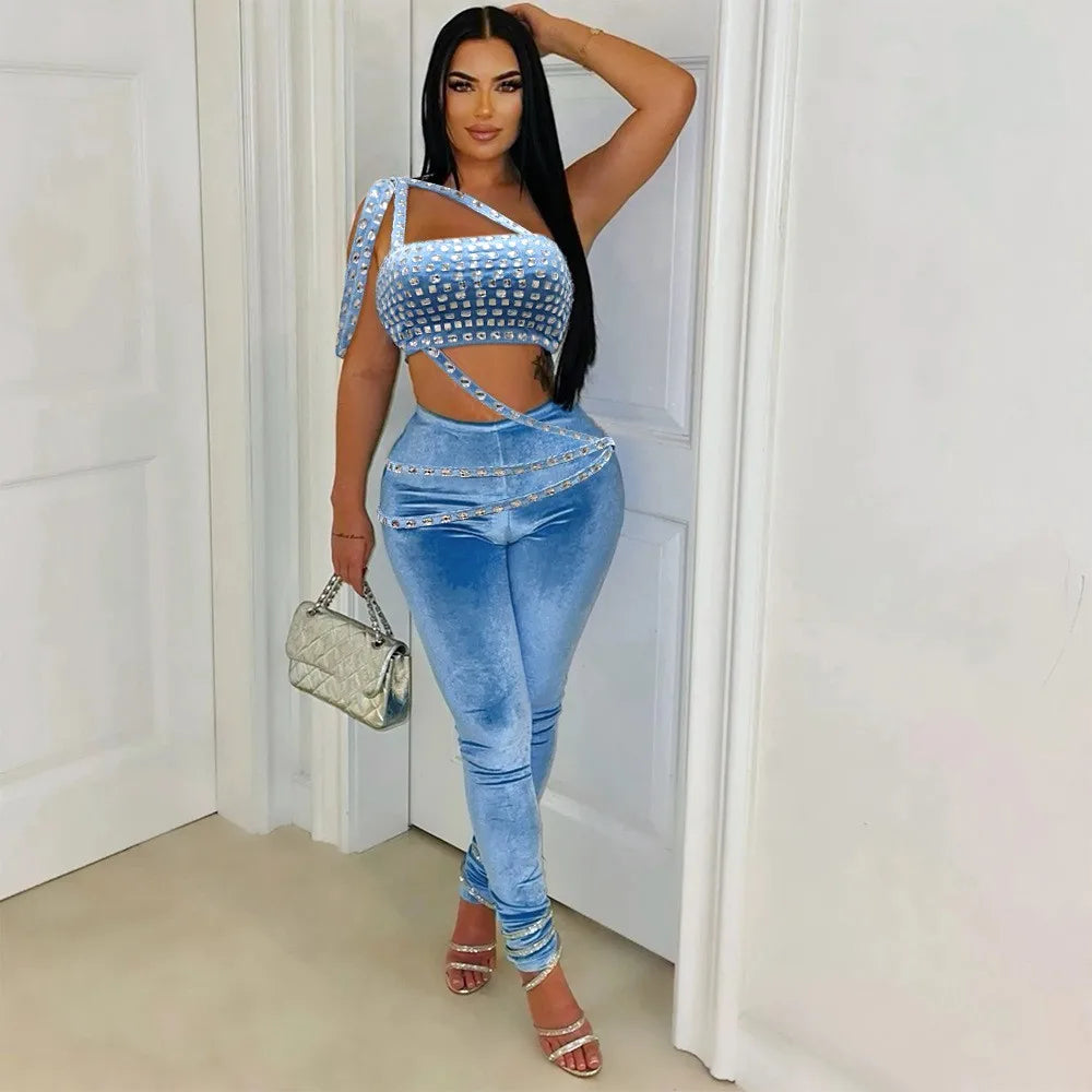 Joskaa Women Velvet 2 Piece Sets Sexy Diamonds Wrap Chest Tank Tops and Pencil Pants Match Winter Party Club Outfits Streetwear