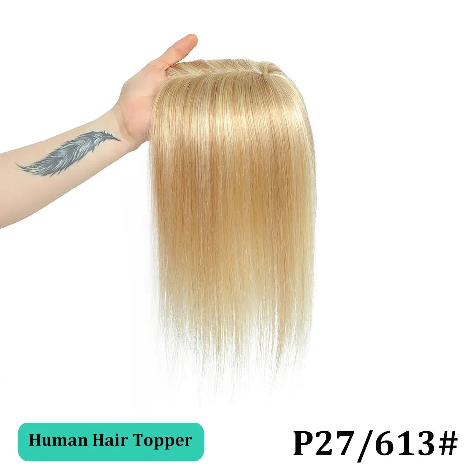25-45cm Womens Hair Topper with Clips 100% Remy Human Hair Toppers for Thin Hair Natural Color Clip In One Piece Hair Extensions