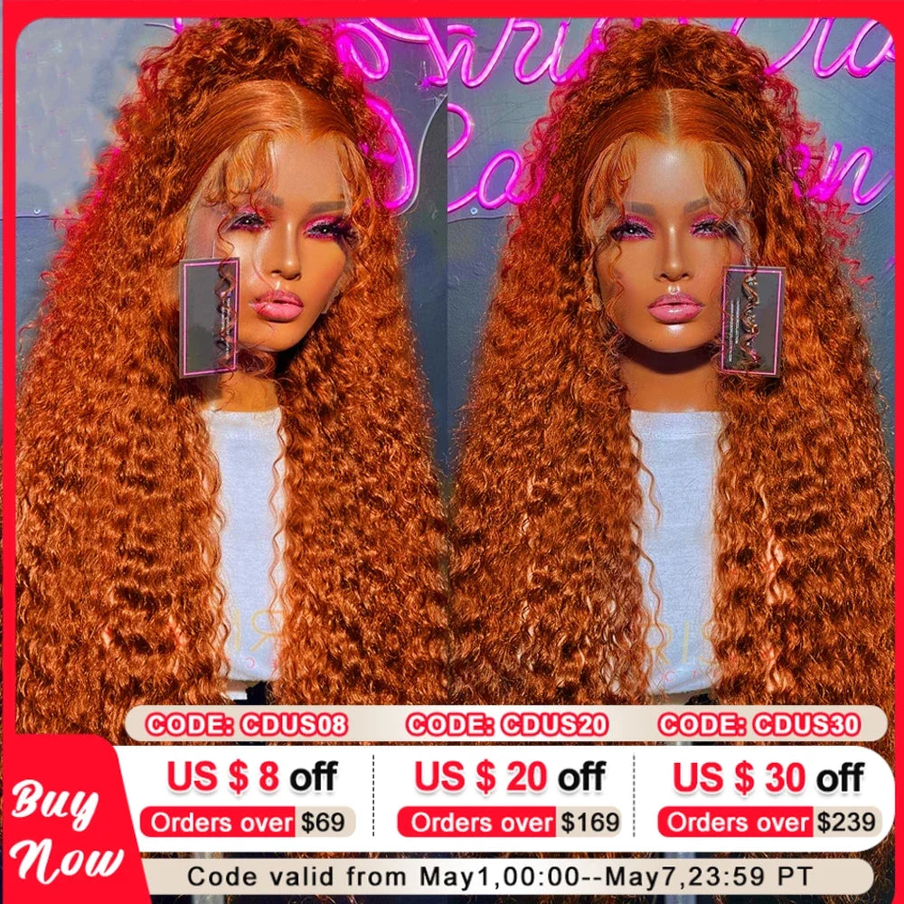 Swupod 13x4 13x6 220% Density Transparent HD Lace Front Wig for Women Deep Wave Remy Human Hair Ginger Orange 350# Loose Curly